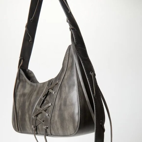 Laced-Up Detail Shoulder Bag Distressed Black - Picture 2 of 6